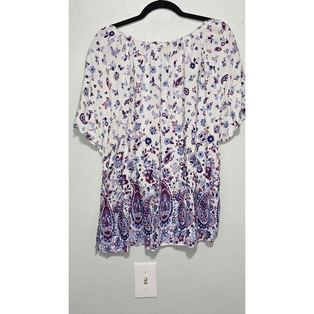 Talbots Plus Size 3X Rayon Paisley Border Print Blouse Purple Blue Short Sleeve